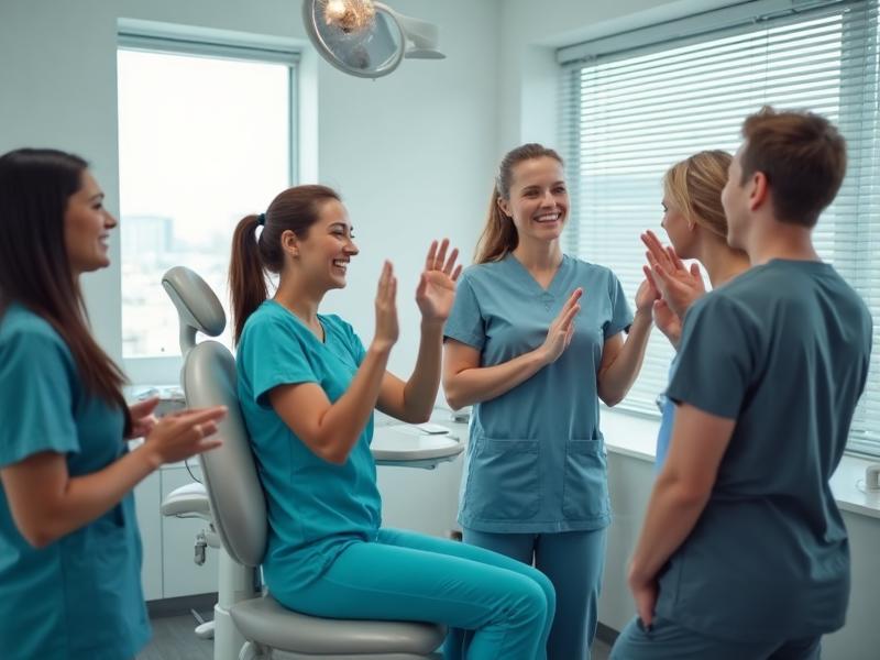 Dental team winning the day around their scoreboard