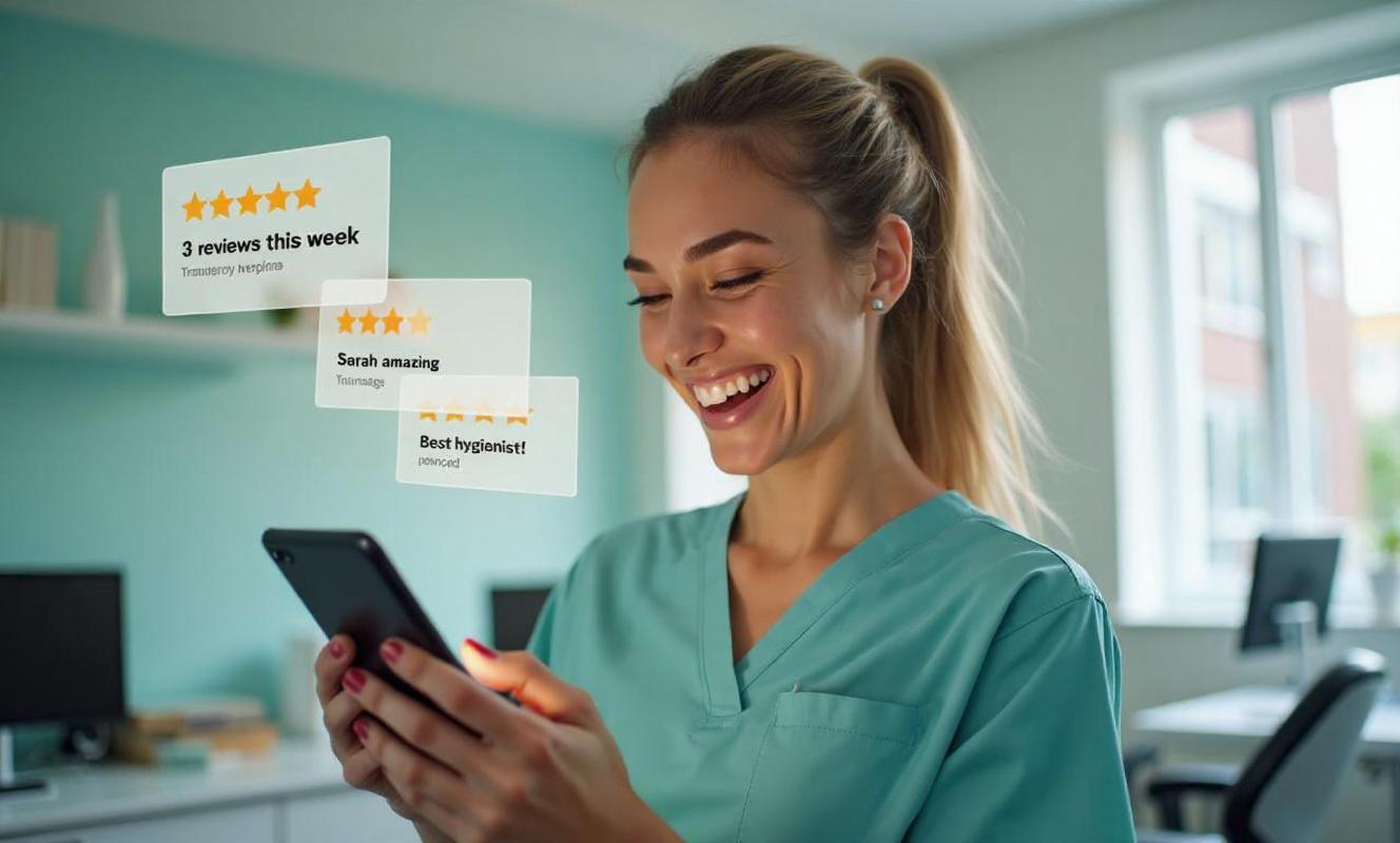 Dental team celebrating patient reviews