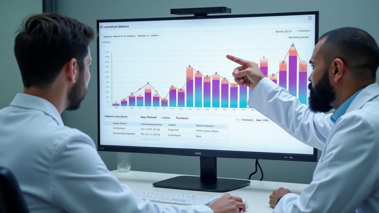 Two doctors reviewing growing analytics charts in TeamCare dashboard, showing practice growth and performance metrics