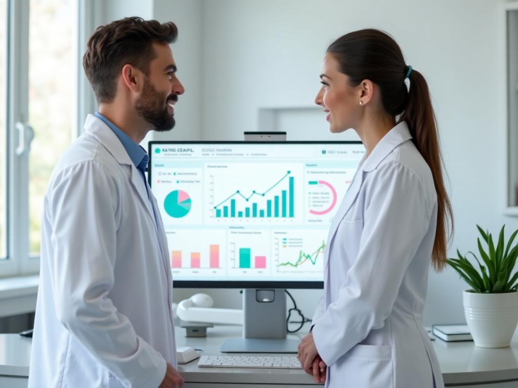 Two dentists naturally reviewing hygiene analytics on a realistic computer monitor showing growth metrics and performance dashboards