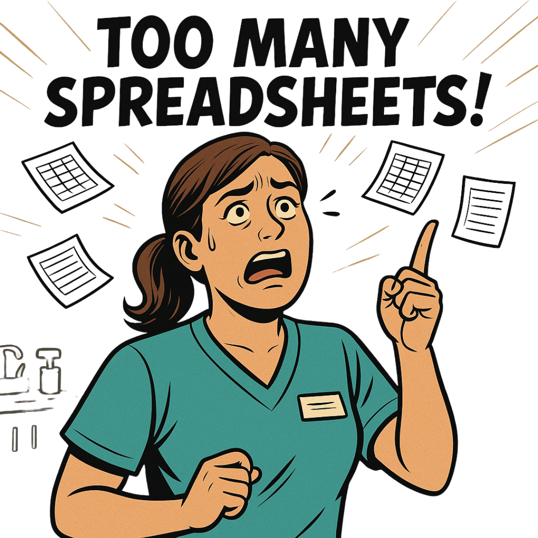 Frustrated dental professional overwhelmed with spreadsheets