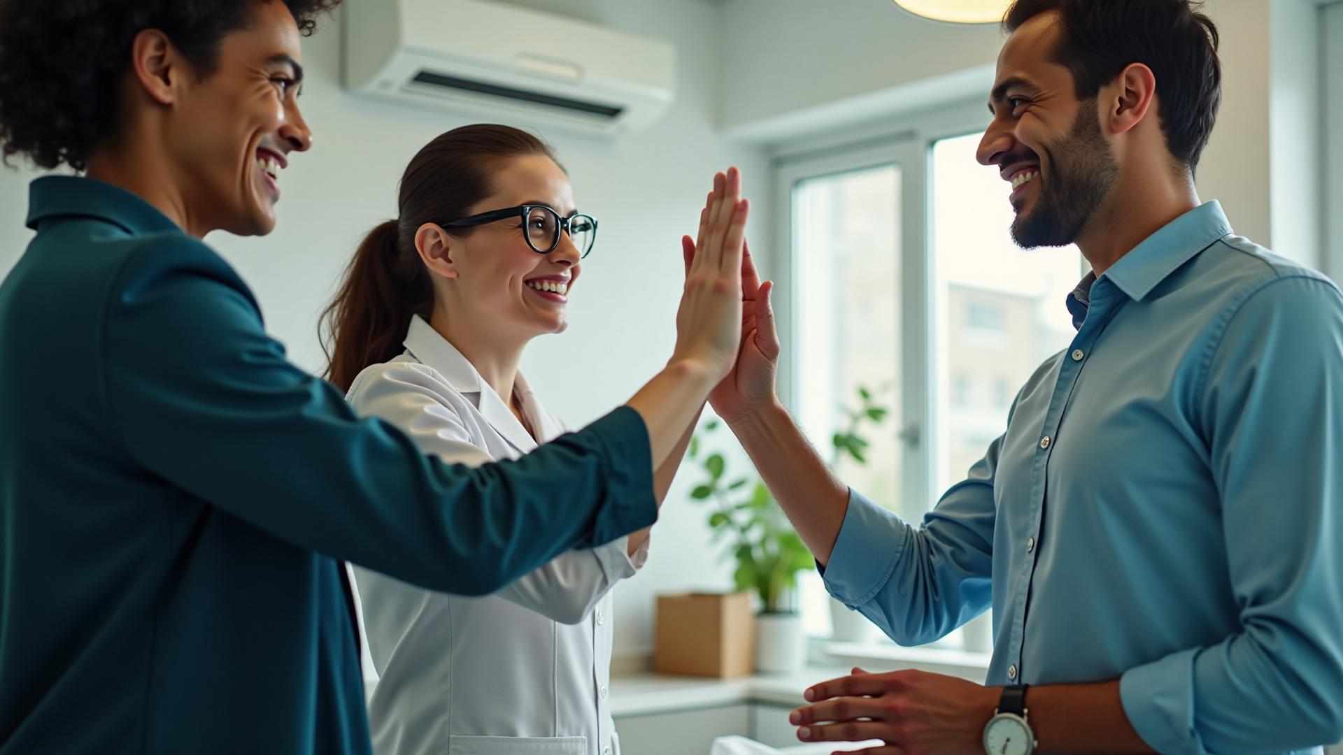 Happy dental team collaborating and high-fiving
