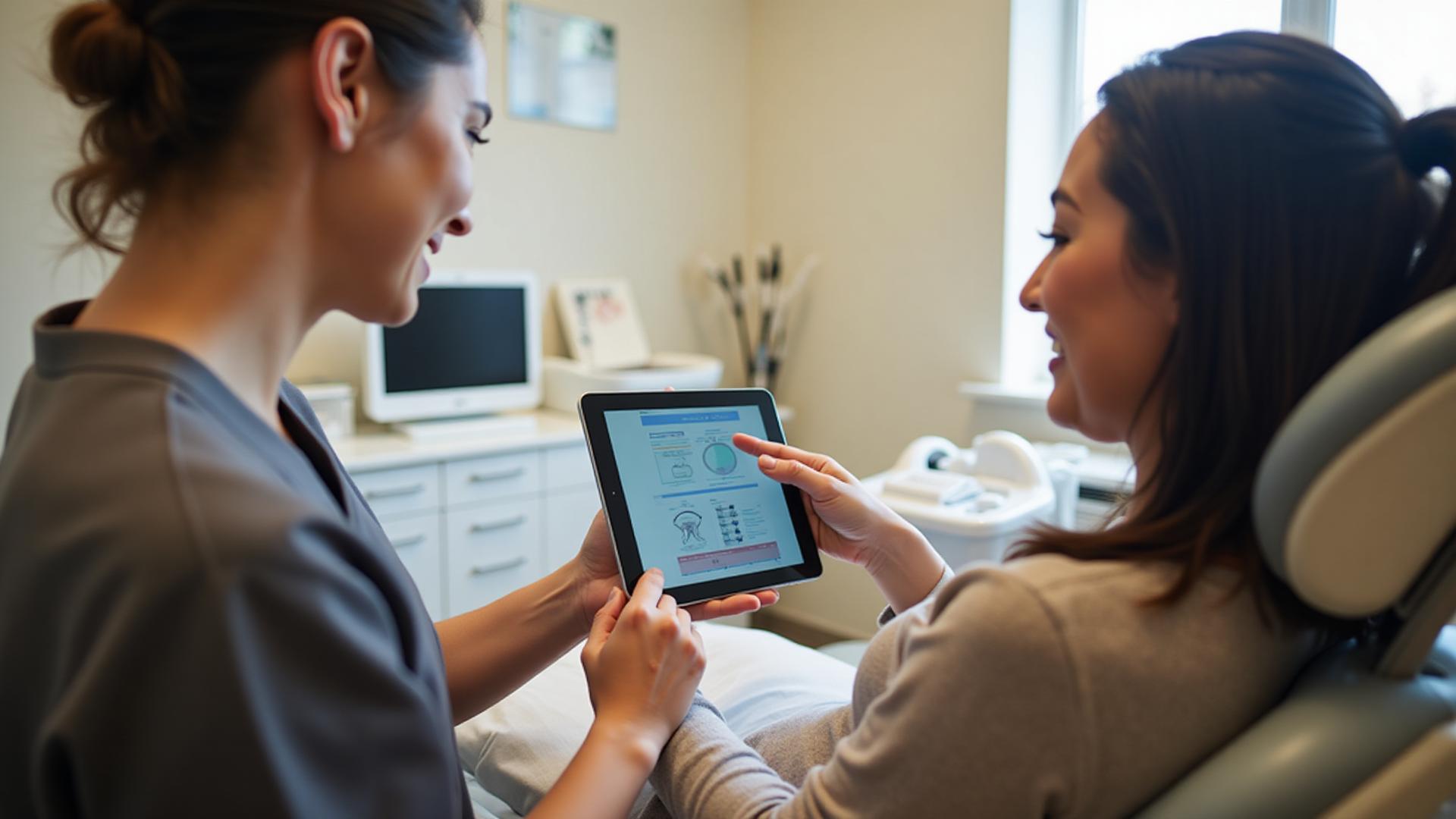 Dental staff showing iPad consultation to patient