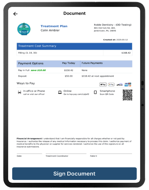 Treatment plan presentation on iPad showing patient information, payment options, and digital signature capability