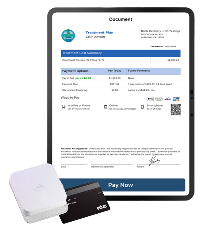 Treatment plan payment workflow with modern payment terminal